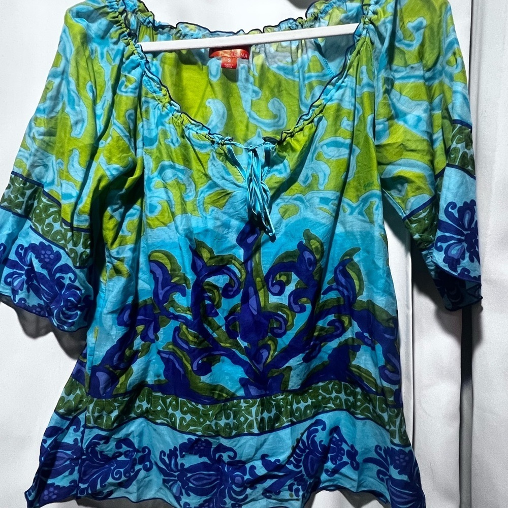 Cabana Boho Peasant Blouse Small Blue Green Tropical Print Tie Neck Top - Picture 2 of 5